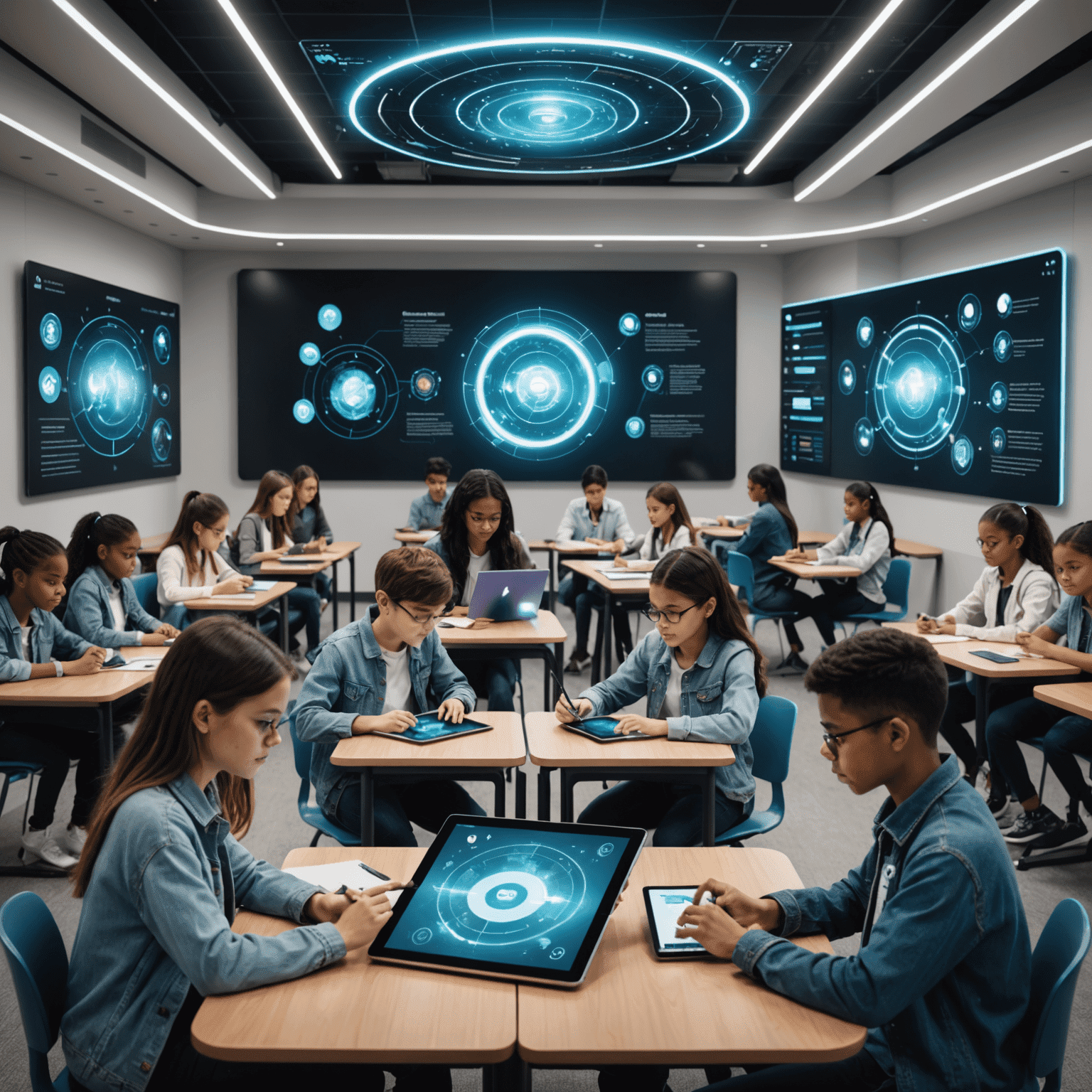 A futuristic classroom with students using tablets, surrounded by holographic displays showing personalized learning paths and AI assistants guiding individual students.