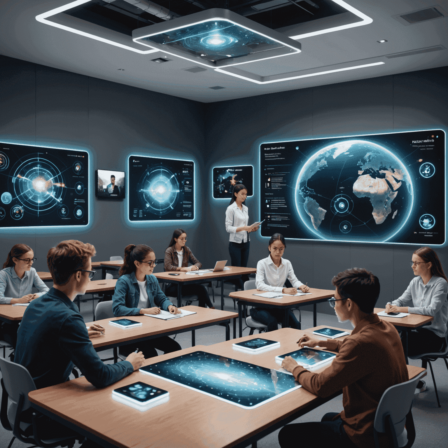 A futuristic classroom with students using holographic displays for personalized learning, showcasing AI-driven education technology