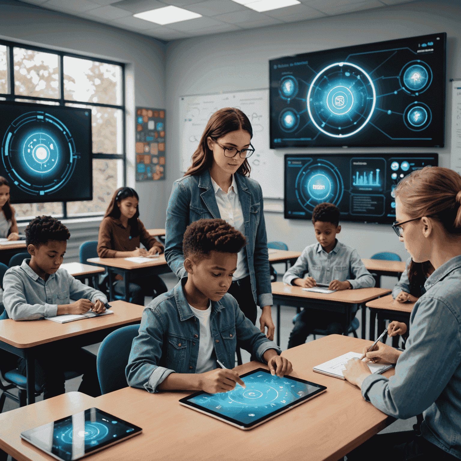 A futuristic classroom with students using AI-powered tablets, holographic displays showing personalized learning content, and a teacher guiding the process