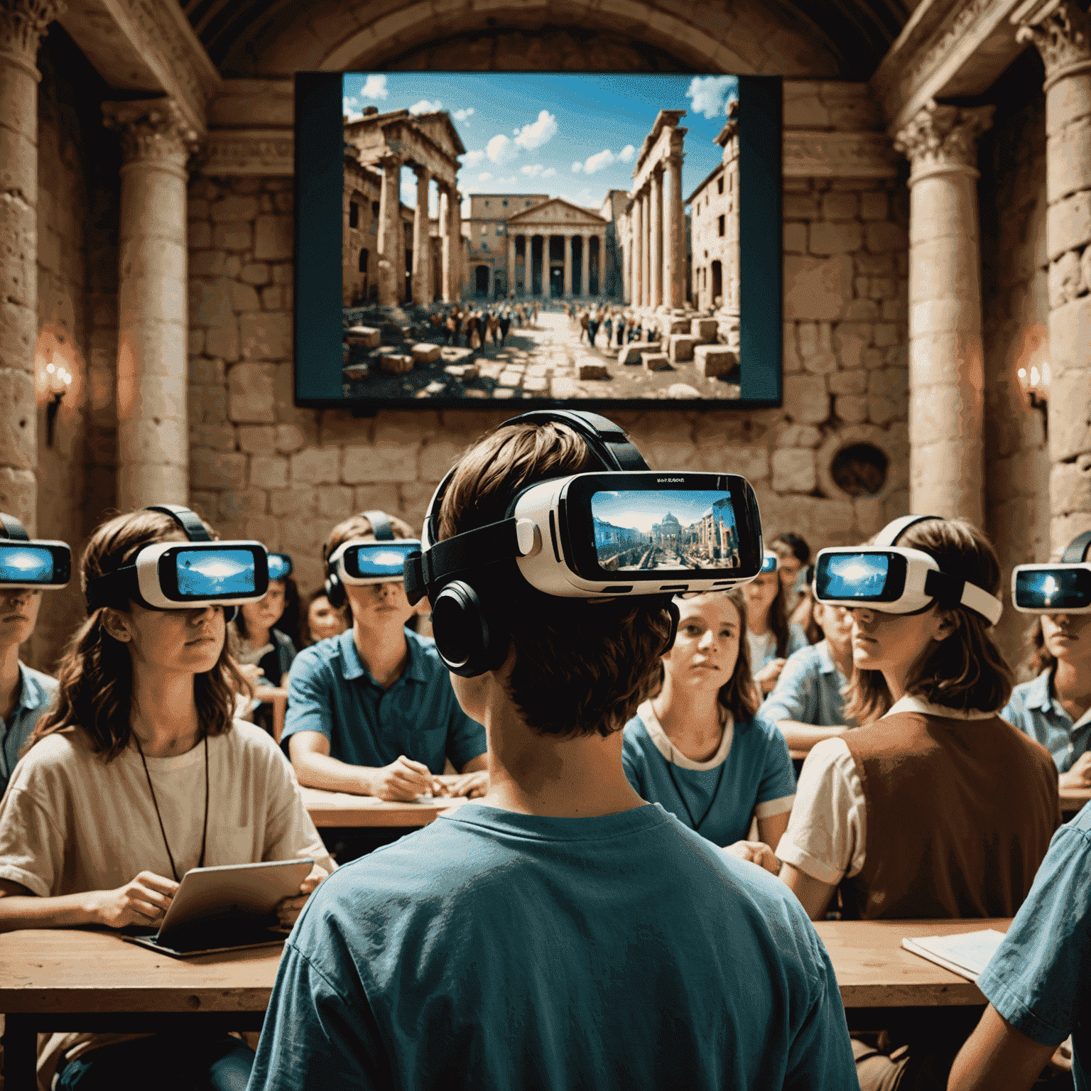 Students wearing VR headsets in a classroom, exploring a virtual ancient Roman city. The image shows a mix of real classroom environment and the virtual world projected on a large screen behind them.