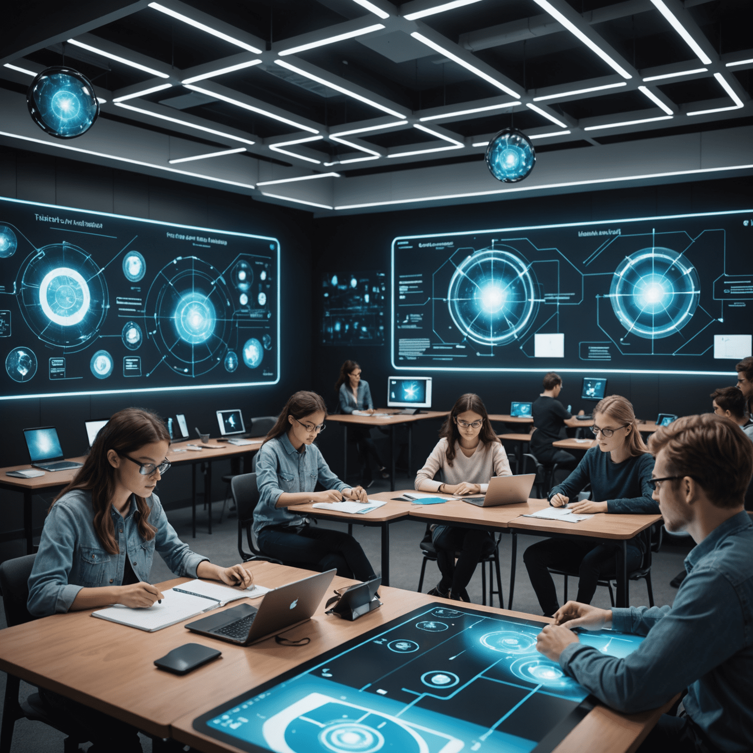 A futuristic classroom setting with students interacting with holographic AI assessment interfaces. The image showcases a blend of traditional learning environment and cutting-edge technology, emphasizing the evolution of educational evaluation methods.