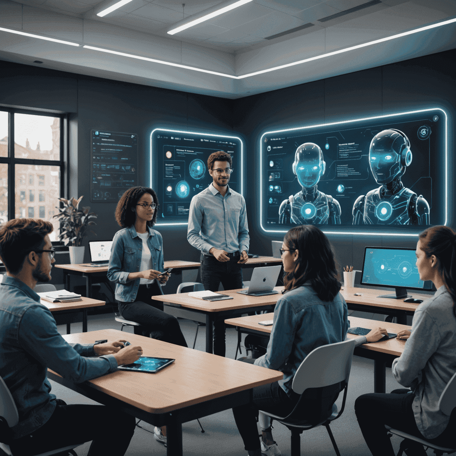 A futuristic classroom setting with students interacting with holographic AI chatbots, showcasing the integration of AI in education