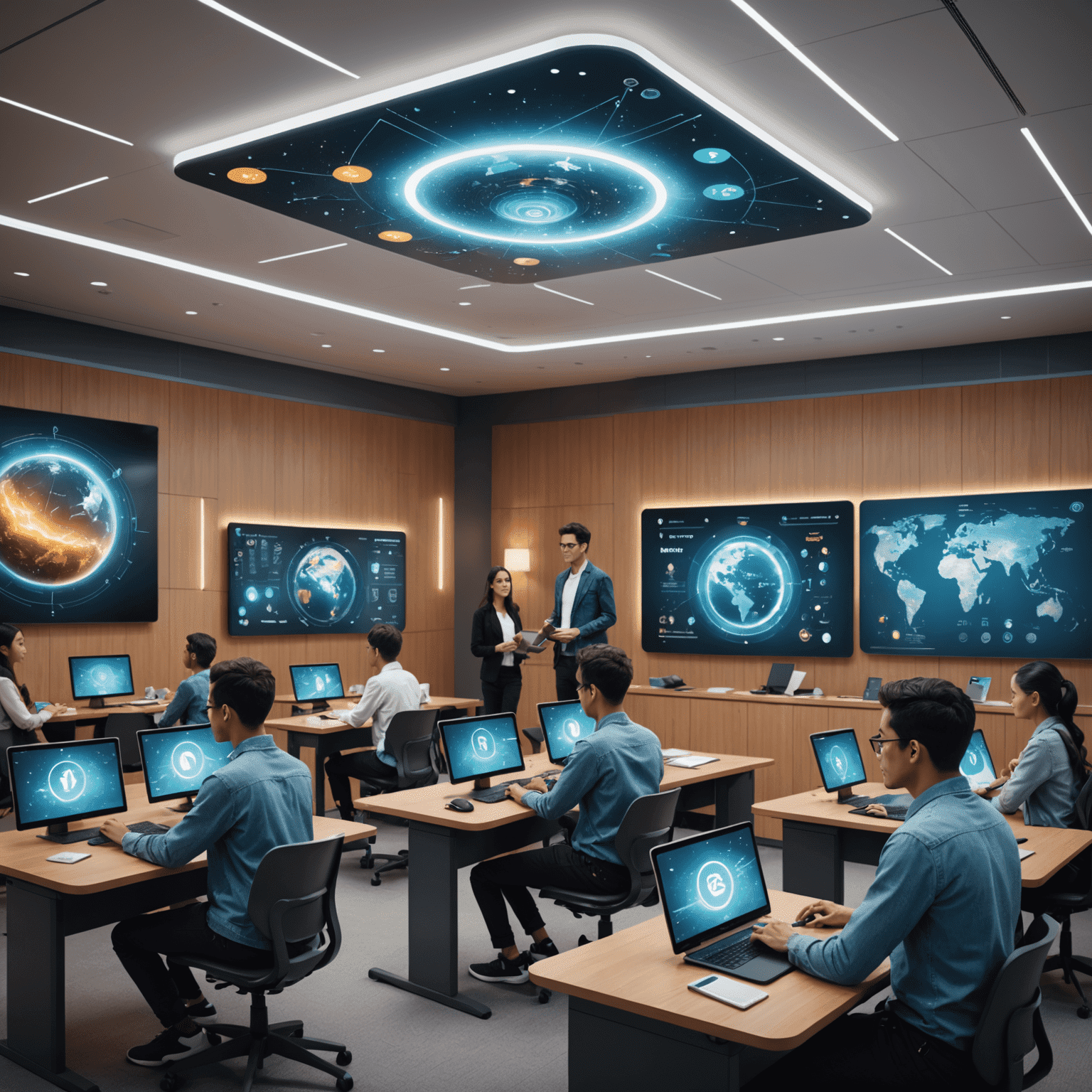 A futuristic classroom setting with students using AI-powered language learning devices, showcasing holographic displays of various languages and cultural symbols