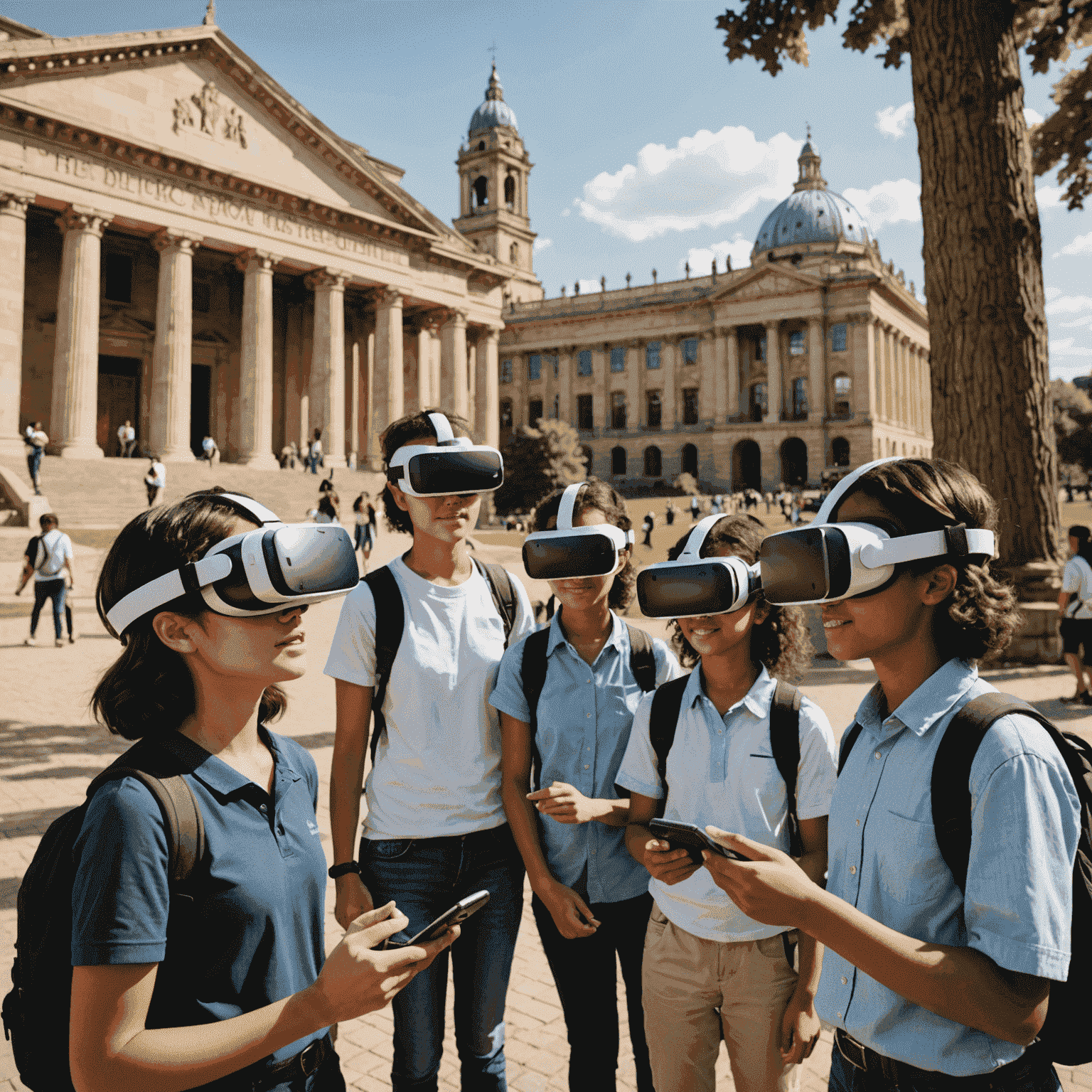 Students wearing VR headsets, interacting with 3D models of historical landmarks, scientific concepts, and engaging in immersive language learning scenarios.