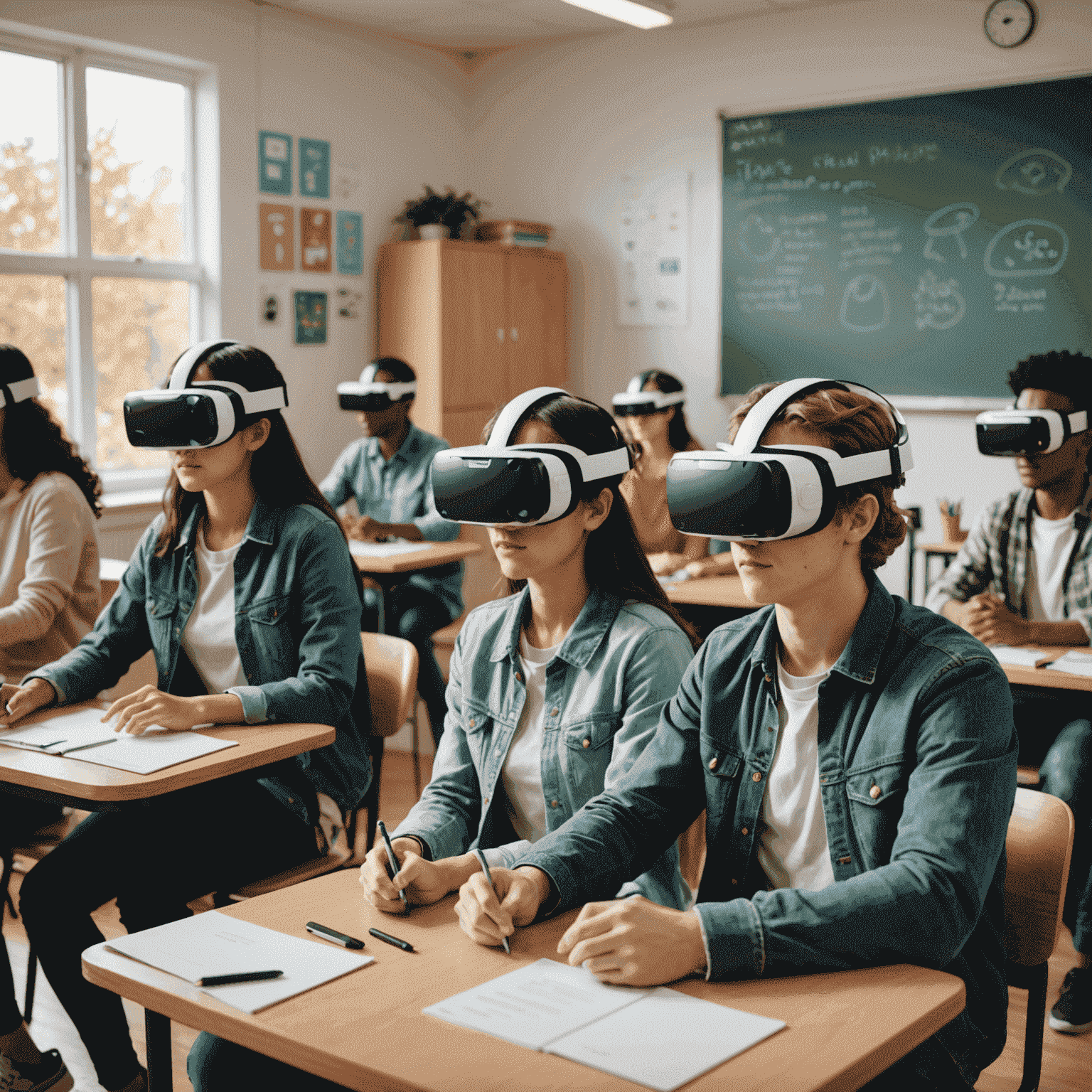 Students wearing VR headsets in a classroom, interacting with virtual 3D objects and environments