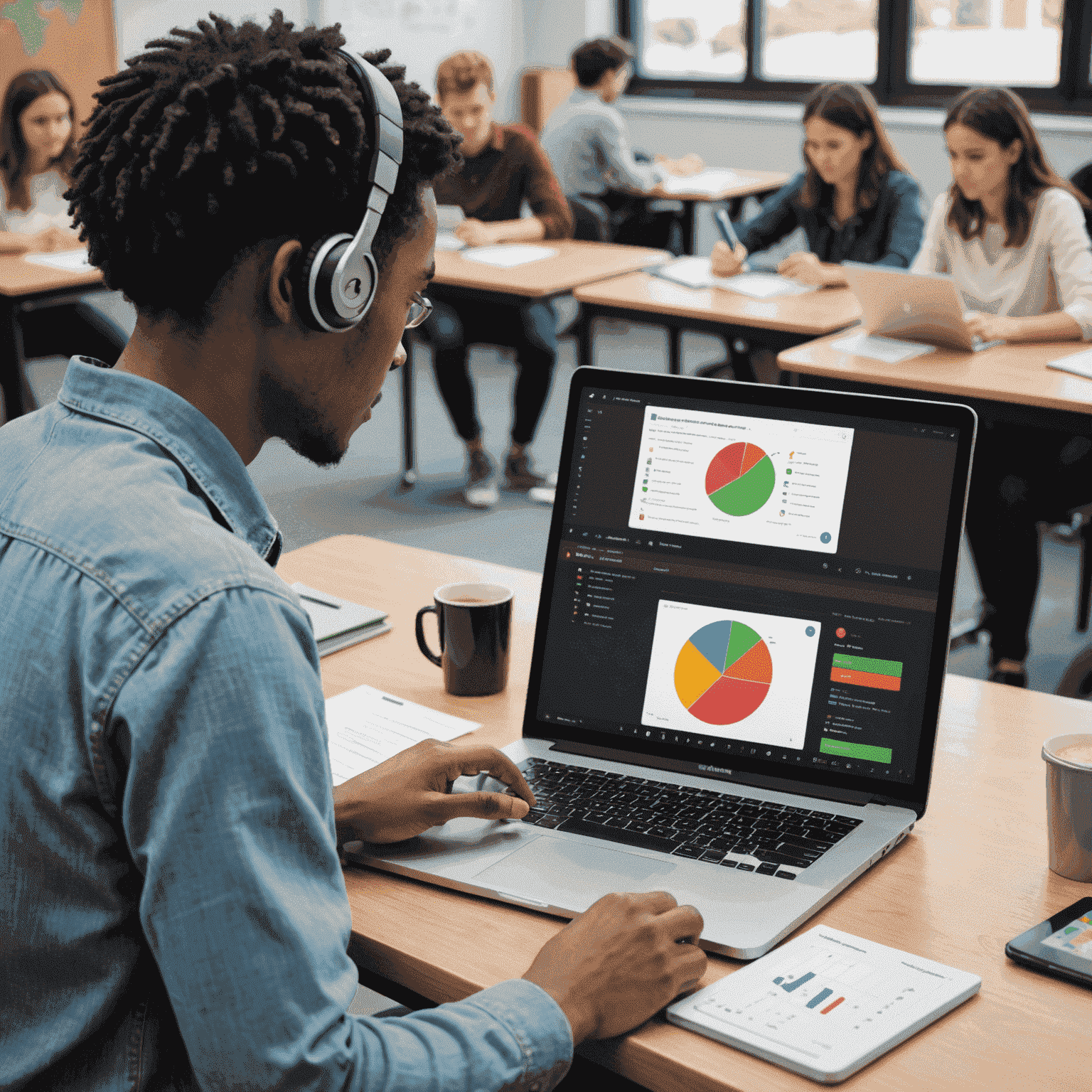 A split-screen image showing a student receiving real-time feedback on a digital device, with AI-generated suggestions and progress charts