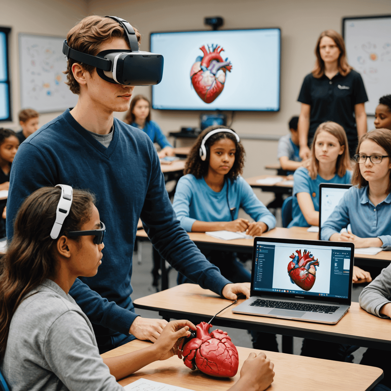 A split-screen image showing a student's view through a VR headset of a detailed 3D model of a human heart on one side, and the physical classroom with other students and a teacher guiding the VR session on the other.