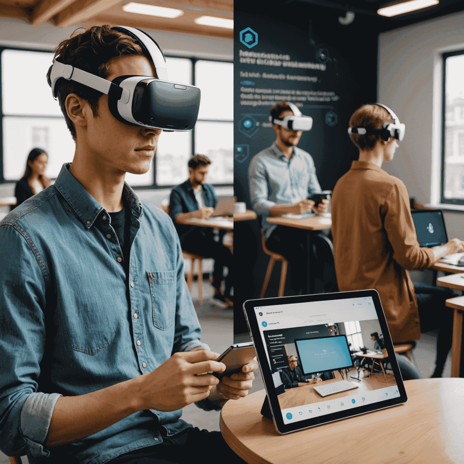 A split-screen image showing a student using VR headset for immersive language learning on one side, and interacting with an AI chatbot on a tablet on the other side