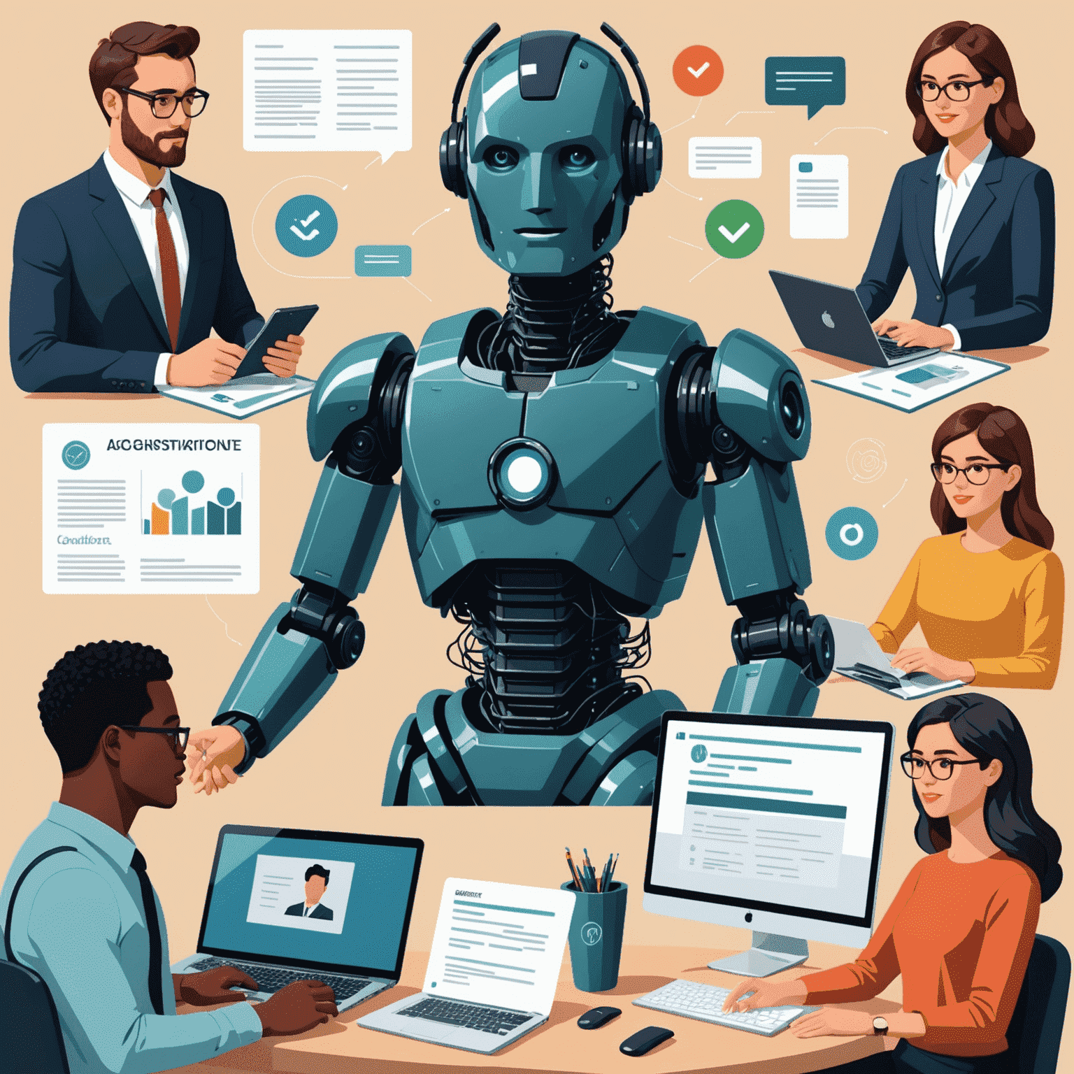 A collage showing various administrative tasks being handled by AI chatbots, such as course registration and financial aid assistance